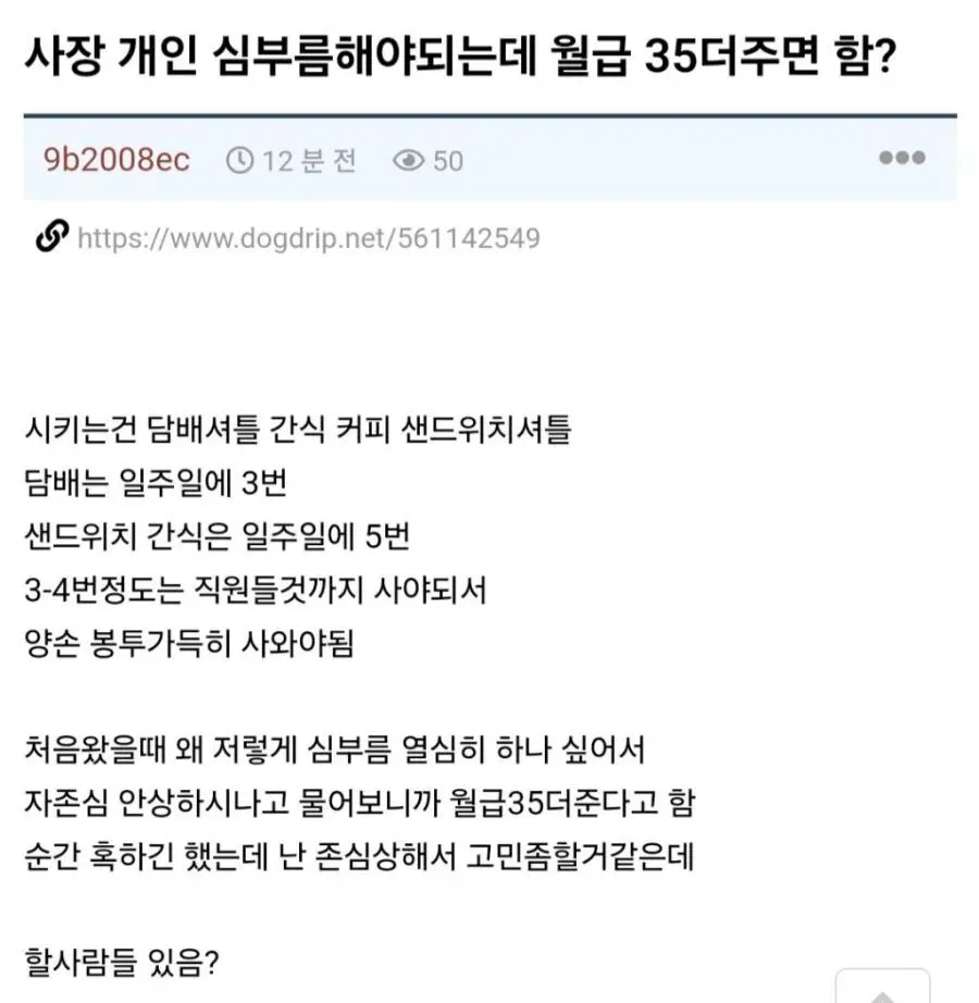 월급 35만원 더 주면 사장님 개인 심부름하는 직원